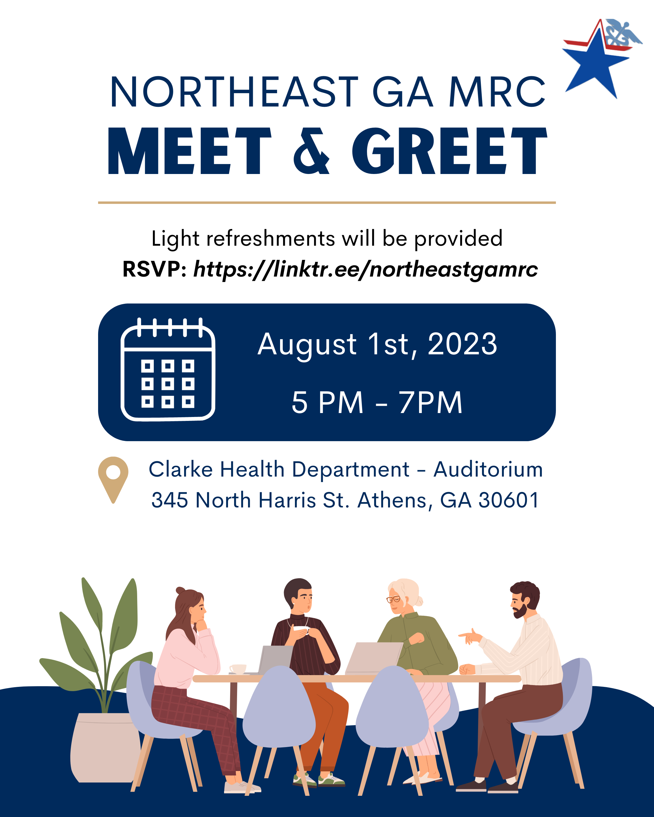 Image of a flier with the MRC meet and greet information for Tuesday, August 1st from 5 to 7pm at the Clarke County Health Department