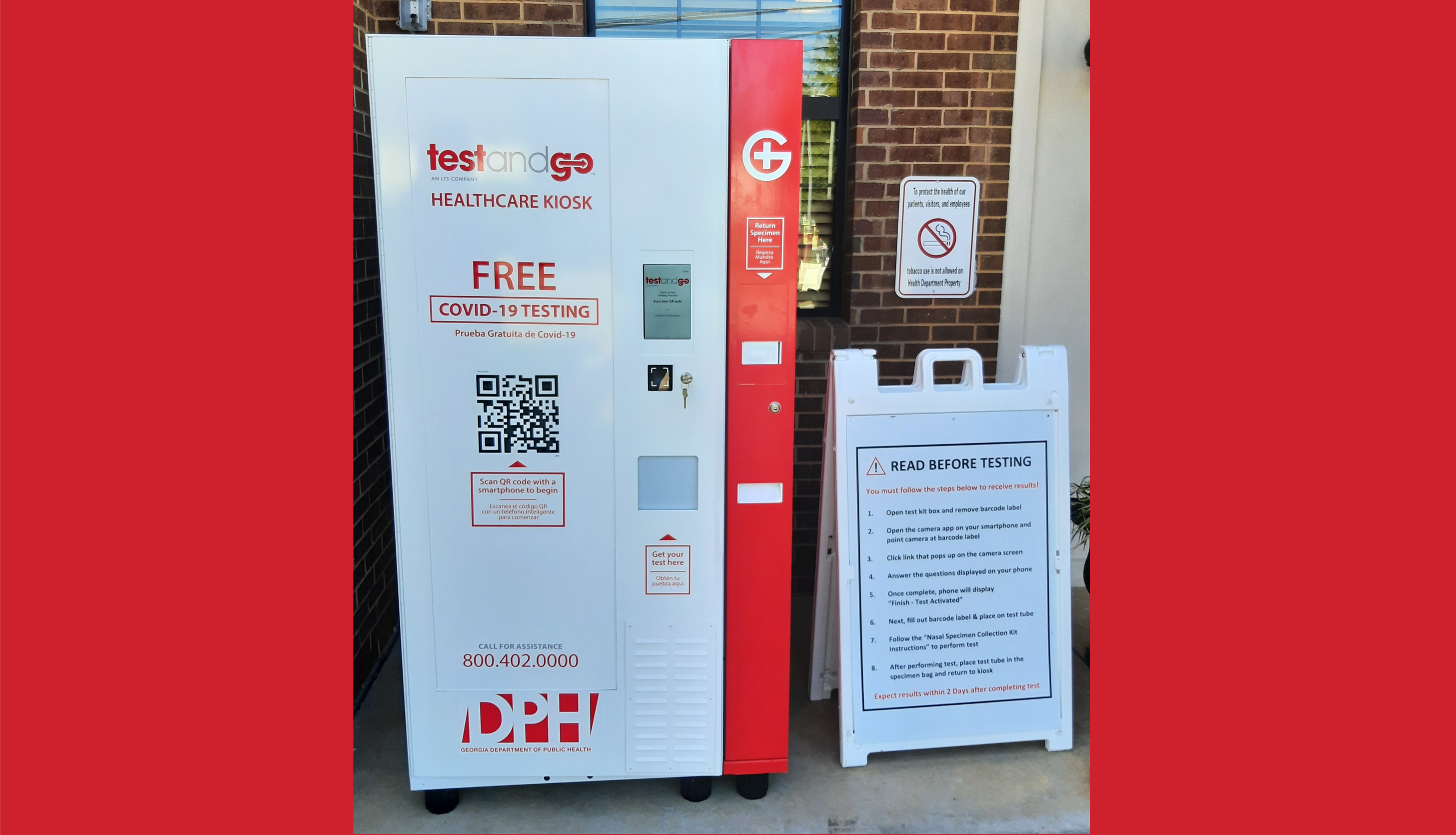 image of testing kiosk for COVID and flu on red background