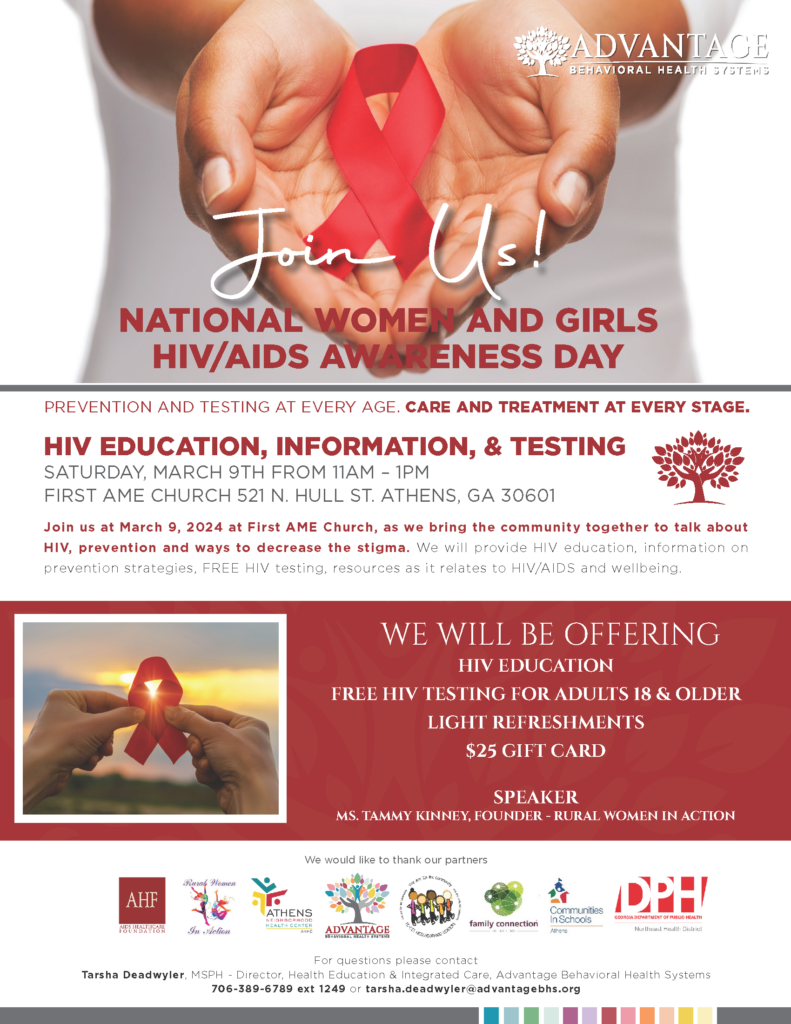 flier for national women and girls HIV awareness event at First AME Church in Athens GA on March 9th 2024 from 11am to 1pm