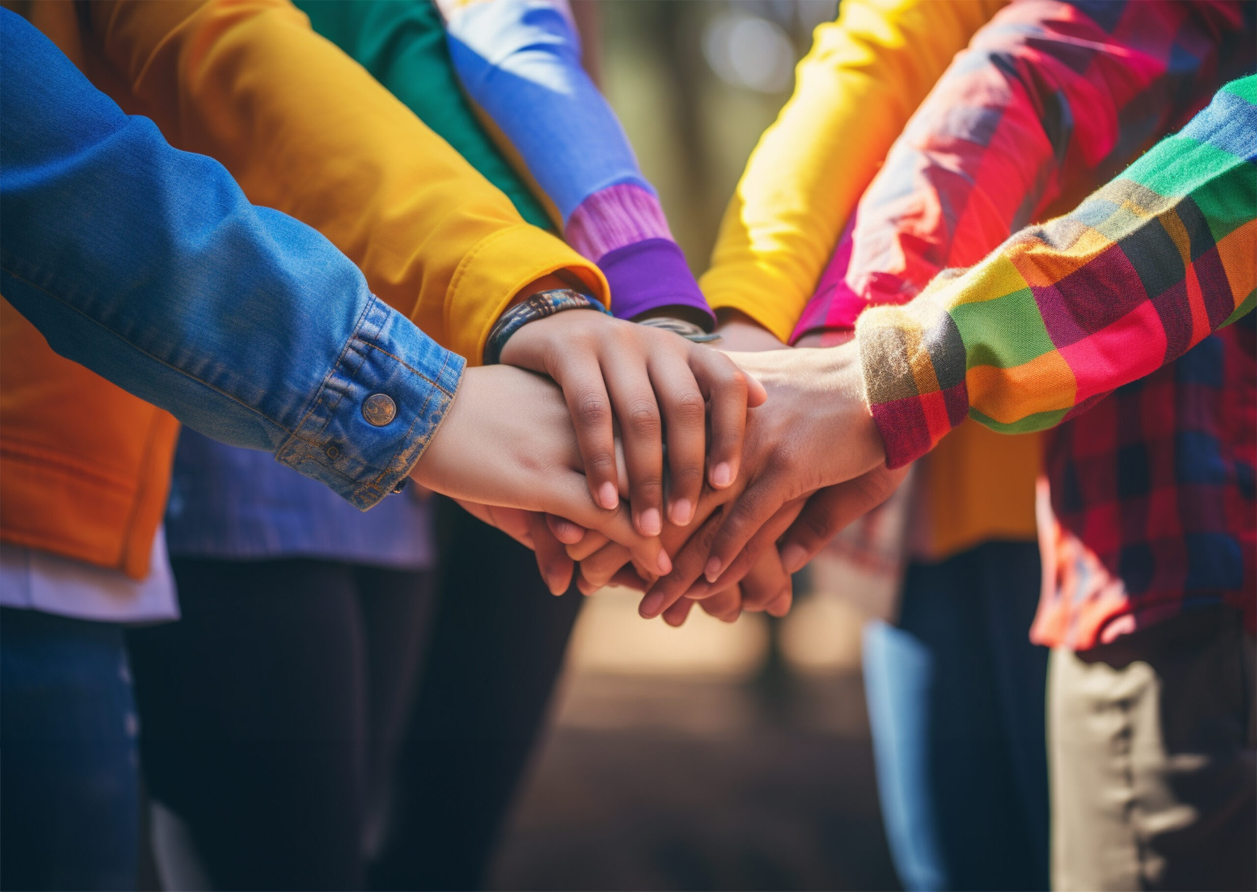 group of diverse individuals with colorful shirts, with all hands into the center