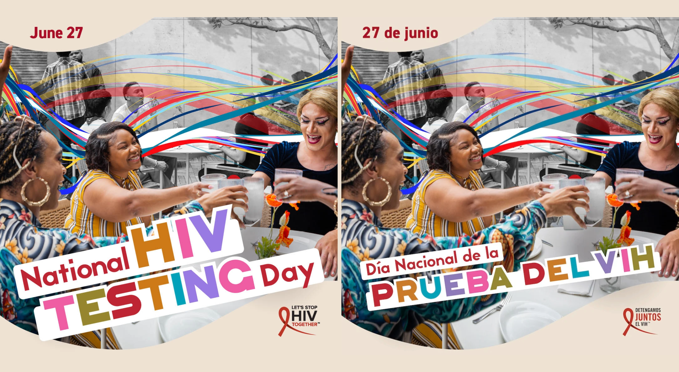 National HIV Testing Day graphic with English and Spanish headlines. Showing several diverse people around a table