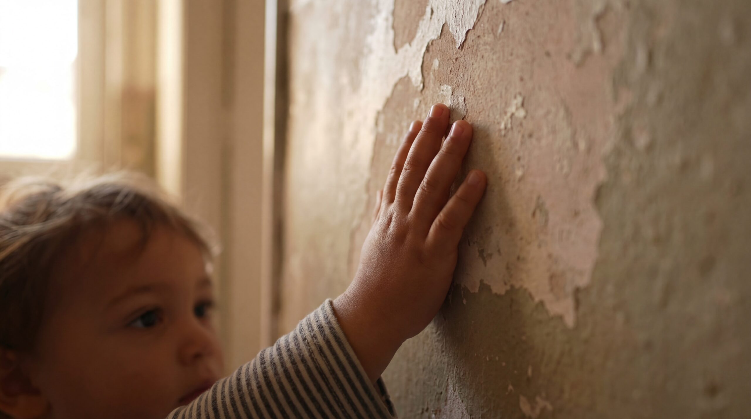 small child touching a wall with peeling paint